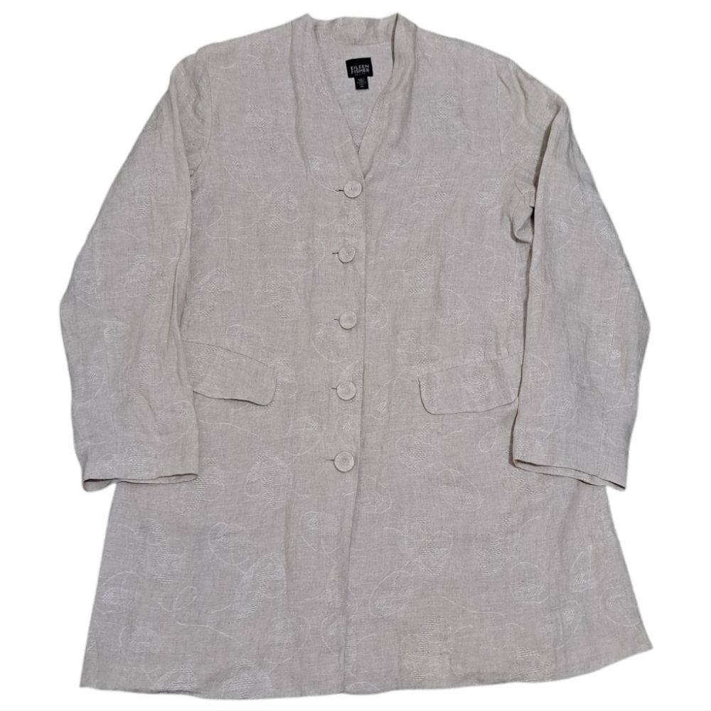 Eileen Fisher Linen Natural Floral Embroid Contemporary Lightweight Long Blazer